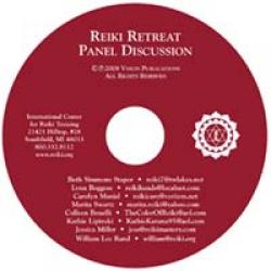 Red CD labeled “Reiki Retreat Panel Discussion,” featuring speaker names, contact details, and a white Reiki symbol on the right.