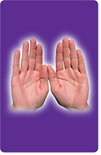 Two open palms facing forward on a purple background, surrounded by a soft glowing outline.