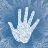 White handprint filled with intricate line patterns on a blue background with faint feather-like designs.