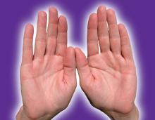 Two open hands held upright side by side with palms facing forward against a purple background.