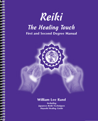 Purple manual cover titled “Reiki: The Healing Touch” with illustrated hands and ICRT logo, authored by William Lee Rand.