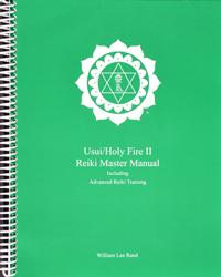 Green spiral-bound book cover with white ICRT logo and text reading “Usui/Holy Fire® II Reiki Master Manual, Advanced Reiki Training.