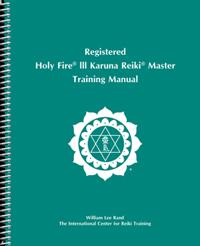 Teal spiral-bound book cover with white ICRT logo and text reading “Registered Holy Fire® III Karuna Reiki® Master Training Manual.