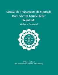 Teal book cover with white ICRT logo and Portuguese and English text reading “Holy Fire® III Karuna Reiki® Master Training Manual, Online and In-Person.”