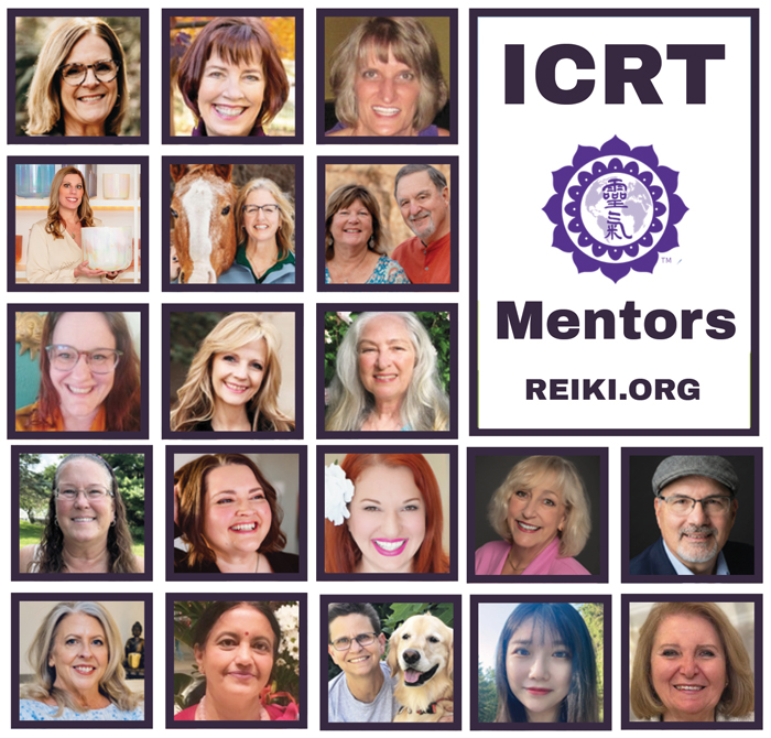 Collage of smiling mentors, including a horse, with the text “ICRT Mentors REIKI.ORG” and a purple Reiki logo.