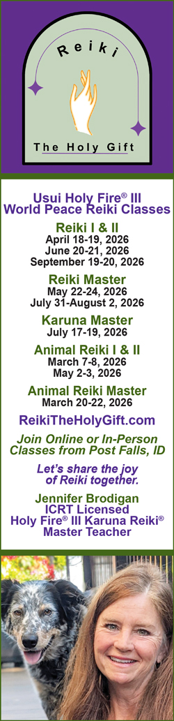 The Holy Gift Reiki ad with 2026 class dates, instructor Jennifer Brodigan, website, and photo with a dog.