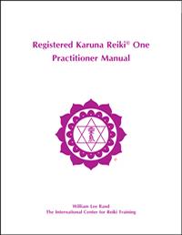 White book cover with purple ICRT logo and text reading “Registered Karuna Reiki® One Practitioner Manual.”