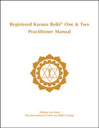 White book cover with gold ICRT logo and text reading “Registered Karuna Reiki® One & Two Practitioner Manual.”