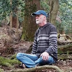 William Lee Rand sitting cross-legged on the forest floor on Mt. Kurama, wearing a striped hoodie and cap, surrounded by trees and moss.