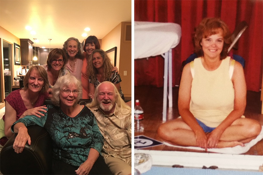 Left: Group of smiling adults gathered in a kitchen. Right: Laurelle Gaia in yellow top sits cross-legged on the floor, smiling.