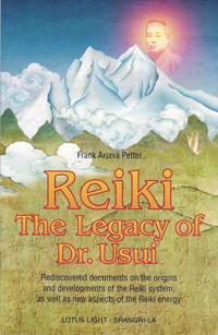 Book cover for “Reiki: The Legacy of Dr. Usui,” showing mountains with a glowing portrait of a man above them and warm, earthy tones.