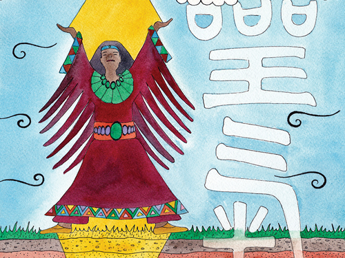 Illustration of a woman in a red dress with outstretched arms stands in sunlight, surrounded by abstract patterns and symbols.