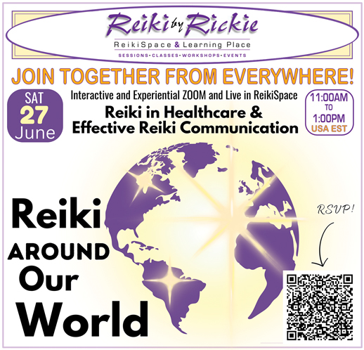 Reiki Around Our World event ad, June 27, online via Zoom, with globe graphic, RSVP QR code, and event time details.