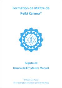 White book cover with blue ICRT logo and French text reading “Formation de Maître de Reiki Karuna®.”