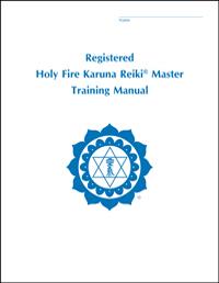 White book cover with blue ICRT logo and text reading “Registered Holy Fire® Karuna Reiki® Master Training Manual.”
