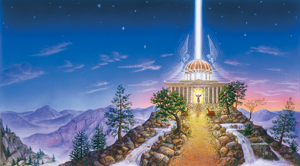 Fantasy temple atop a mountain as a glowing beam of light descends from the sky, with waterfalls and trees along the path.