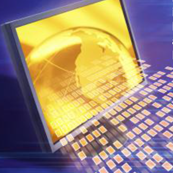 Golden globe displayed on a tilted monitor with digital squares streaming outward against a blue, tech-inspired background.