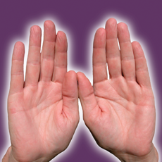 Two open hands held upright side by side against a purple background, surrounded by a soft glowing aura.