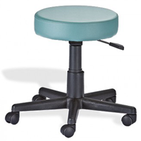 Teal round rolling stool with cushioned seat, adjustable height lever, black base, and five caster wheels.